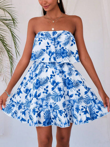 Tropical Print Ruffle Hem Tube Dress