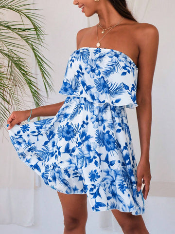 Tropical Print Ruffle Hem Tube Dress