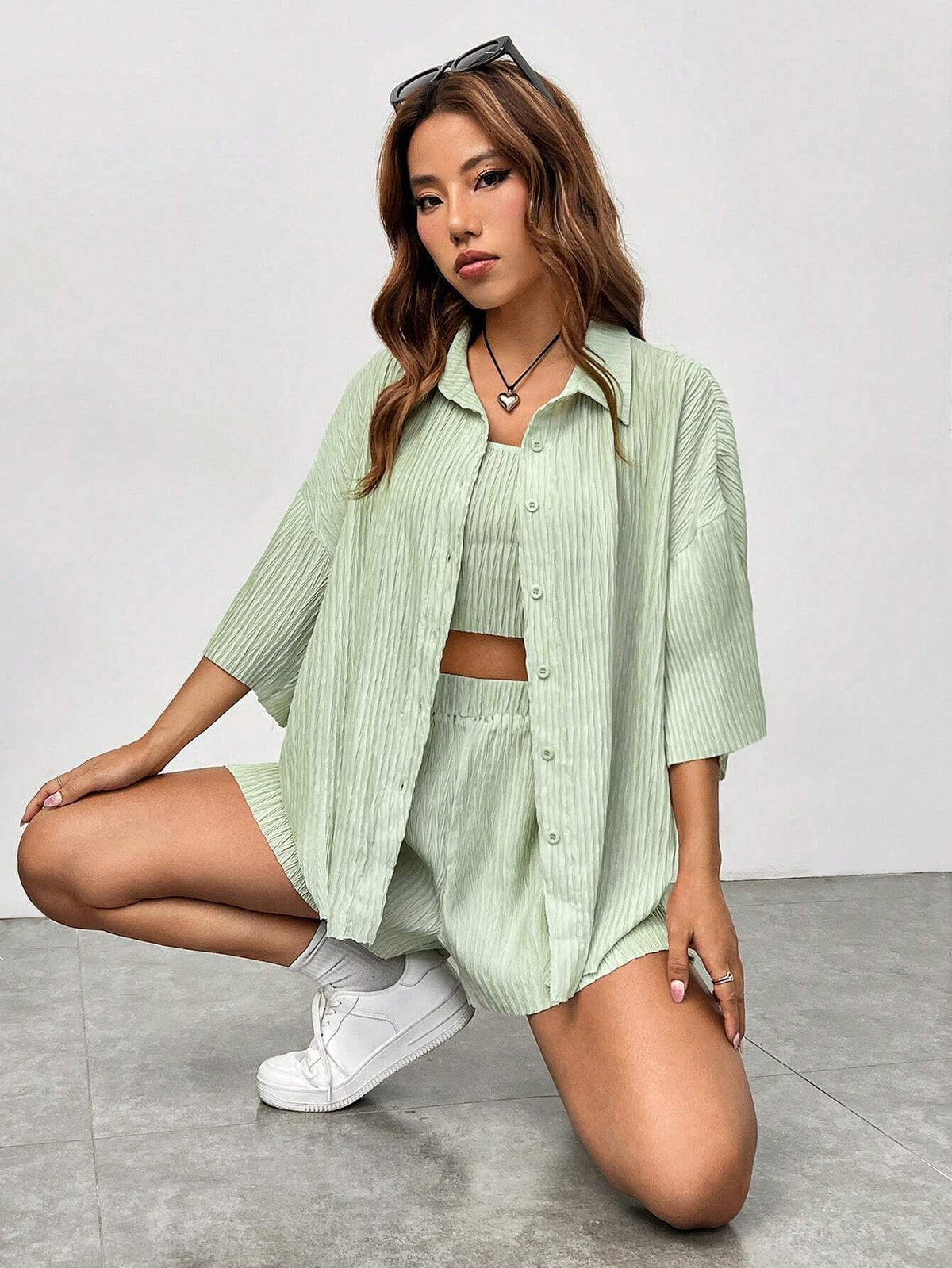 Solid Drop Shoulder Shirt & Shorts & Crop Tube Top