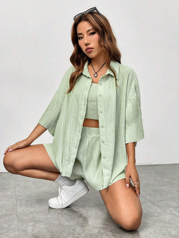 Solid Drop Shoulder Shirt & Shorts & Crop Tube Top