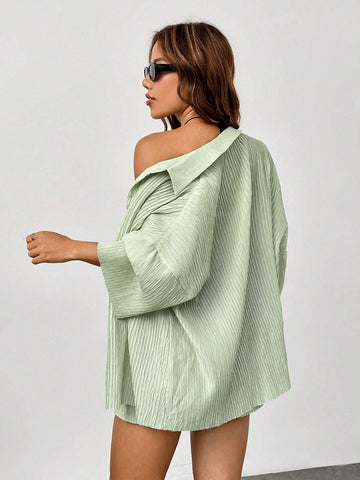 Solid Drop Shoulder Shirt & Shorts & Crop Tube Top