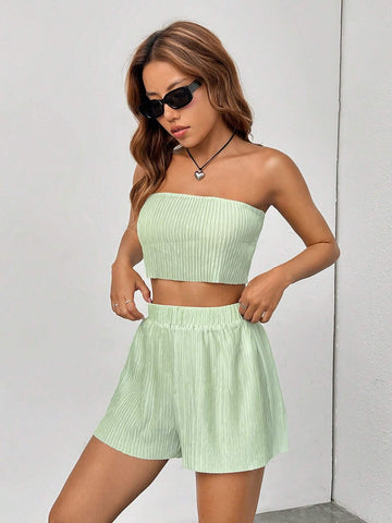 Solid Drop Shoulder Shirt & Shorts & Crop Tube Top