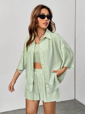 Solid Drop Shoulder Shirt & Shorts & Crop Tube Top