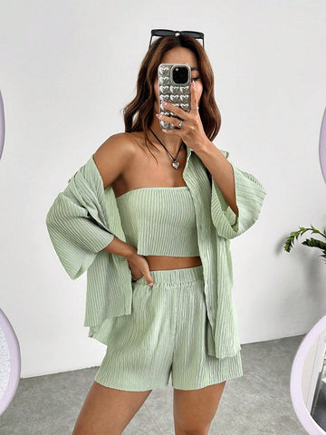 Solid Drop Shoulder Shirt & Shorts & Crop Tube Top