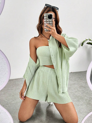Solid Drop Shoulder Shirt & Shorts & Crop Tube Top