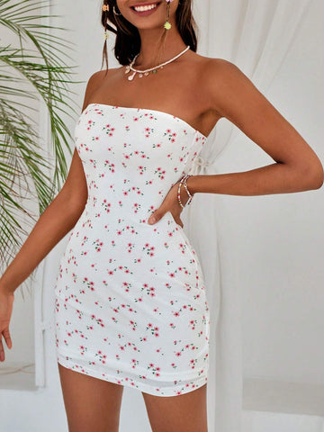 Ditsy Floral Print Tube Bodycon Dress