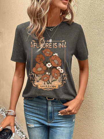 EMERY ROSE Floral & Slogan Graphic Tee