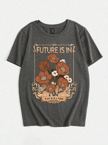 EMERY ROSE Floral & Slogan Graphic Tee