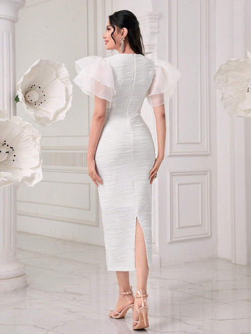 Exaggerated Ruffle Trim Textured Bodycon Dress