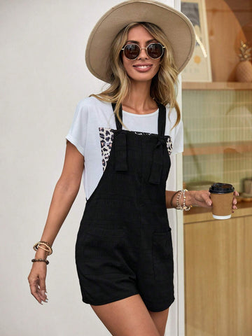 EMERY ROSE Solid Dual Pocket Overall Romper Without Tee