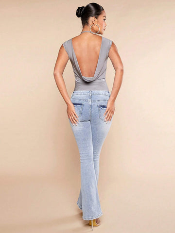 Draped Backless Solid Tank Bodysuit