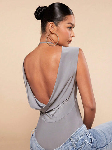 Draped Backless Solid Tank Bodysuit