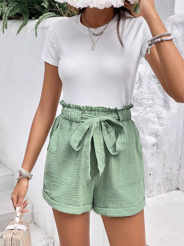 Frenchy Paperbag Waist Roll Up Hem Belted Shorts