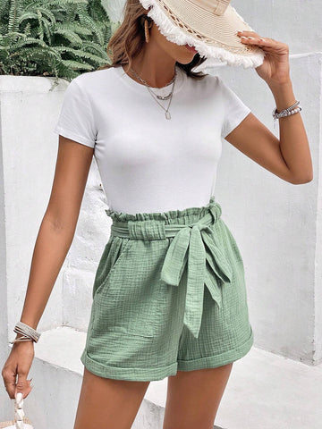 Frenchy Paperbag Waist Roll Up Hem Belted Shorts