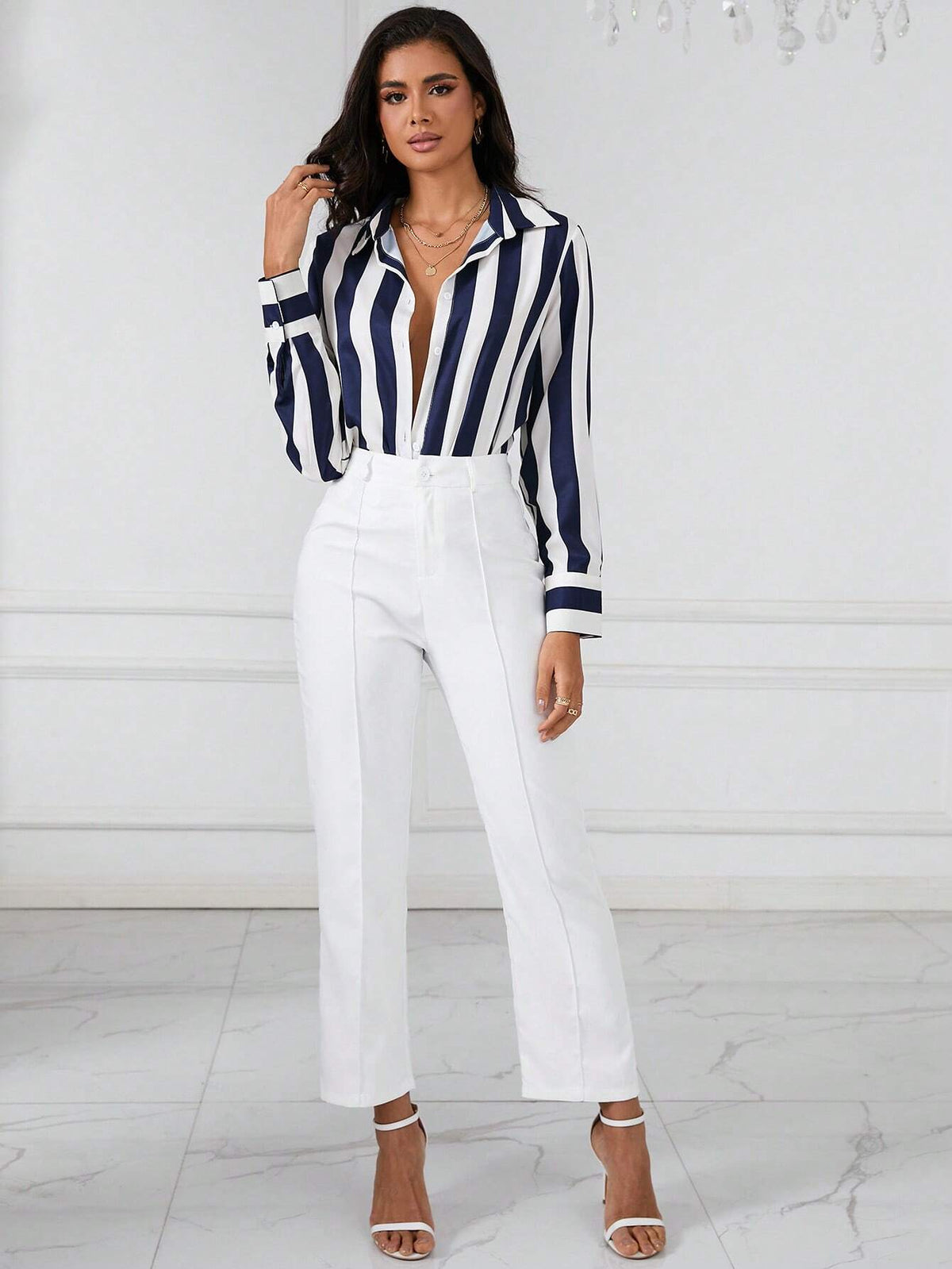 Striped Print Shirt & Seam Detail Pants