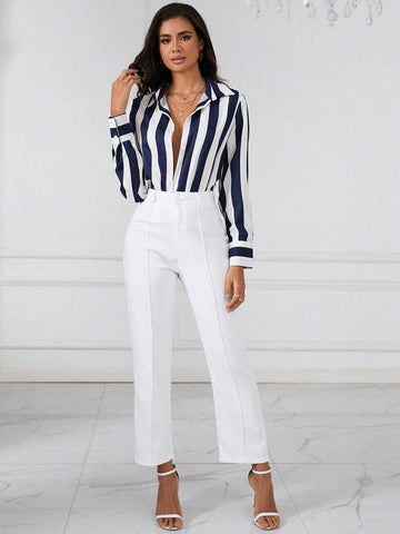 Striped Print Shirt & Seam Detail Pants