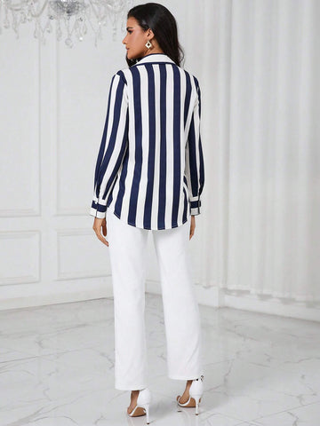 Striped Print Shirt & Seam Detail Pants