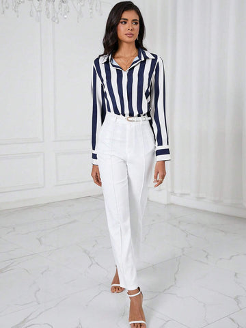 Striped Print Shirt & Seam Detail Pants