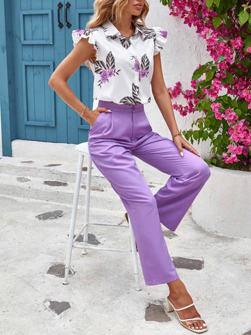 Floral Print Batwing Sleeve Blouse & Wide Leg Pants