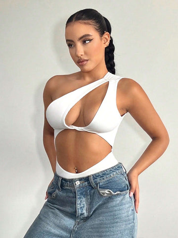 One Shoulder Cut Out Twist Front Bodysuit