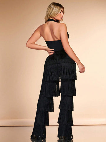Cut Out Front Fringe Trim Halter Neck Backless Jumpsuit