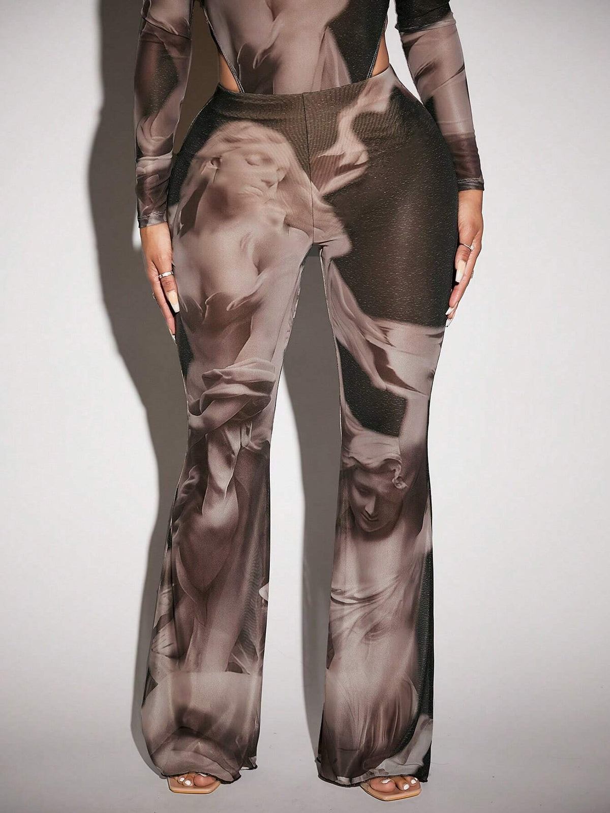 SXY Figure Graphic Lettuce Trim Sheer Mesh Flare Leg Pants Without Panty