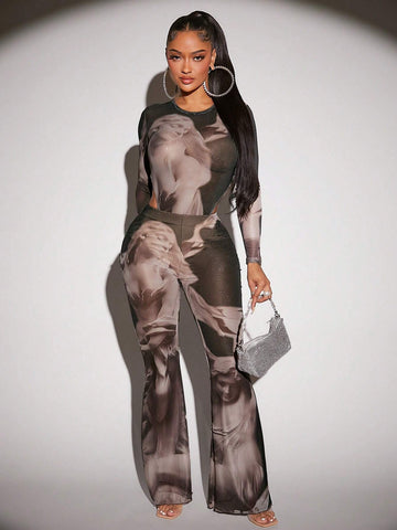 SXY Figure Graphic Lettuce Trim Sheer Mesh Flare Leg Pants Without Panty