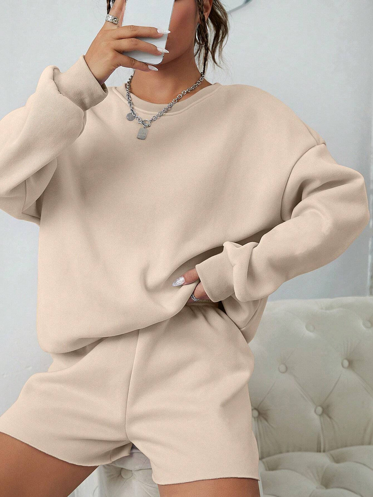 Solid Drop Shoulder Sweatshirt & Shorts