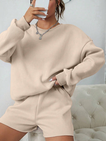 Solid Drop Shoulder Sweatshirt & Shorts