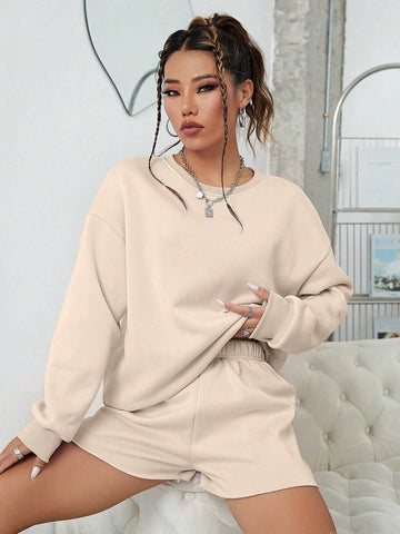 Solid Drop Shoulder Sweatshirt & Shorts