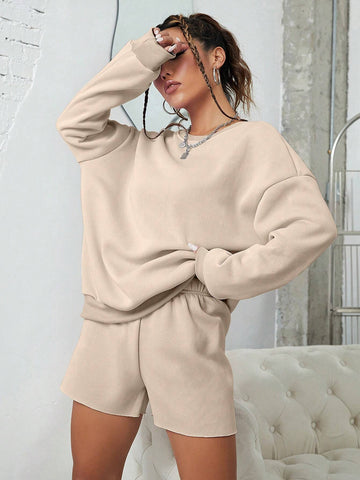 Solid Drop Shoulder Sweatshirt & Shorts