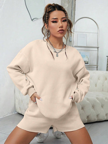 Solid Drop Shoulder Sweatshirt & Shorts