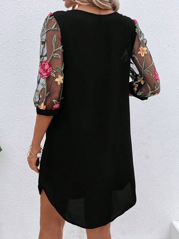 EMERY ROSE Floral Embroidery Mesh Sleeve Tunic Dress