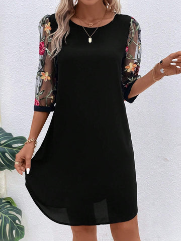 EMERY ROSE Floral Embroidery Mesh Sleeve Tunic Dress