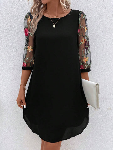 EMERY ROSE Floral Embroidery Mesh Sleeve Tunic Dress