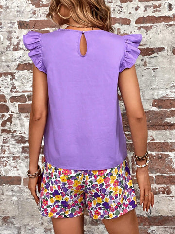 EMERY ROSE Ruffle Trim Top & Floral Print Belted Shorts