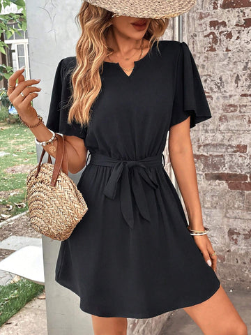 EMERY ROSE Notched Neckline Butterfly Sleeve Belted Dress