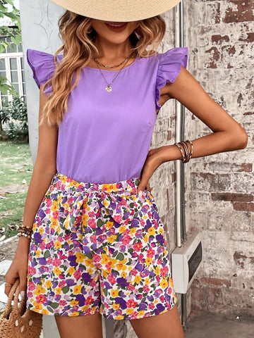 EMERY ROSE Ruffle Trim Top & Floral Print Belted Shorts