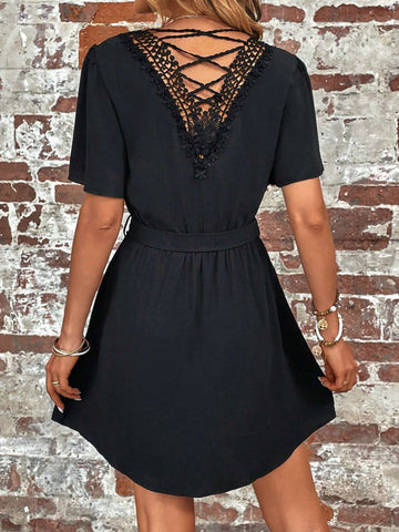 EMERY ROSE Notched Neckline Butterfly Sleeve Belted Dress