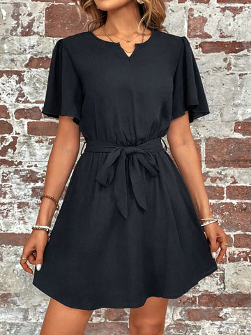 EMERY ROSE Notched Neckline Butterfly Sleeve Belted Dress