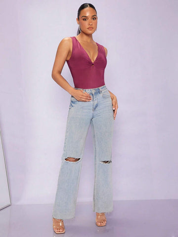 Plunging Neck Twist Front Tank Bodysuit