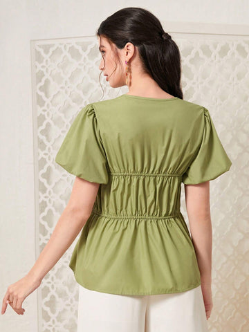 Solid Drawstring Waist Ruffle Hem Blouse