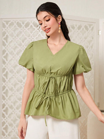 Solid Drawstring Waist Ruffle Hem Blouse
