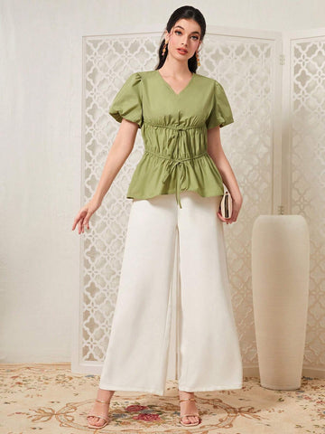 Solid Drawstring Waist Ruffle Hem Blouse