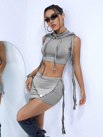 Solid Drawstring Hooded Tank Top & Skirt