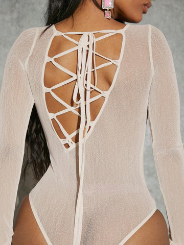 Lace Up Backless Slim Fit Mesh Bodysuit