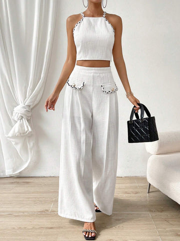 Solid Crop Halter Top & Wide Leg Pants