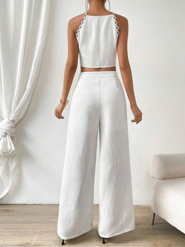 Solid Crop Halter Top & Wide Leg Pants