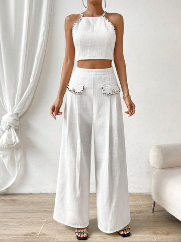 Solid Crop Halter Top & Wide Leg Pants