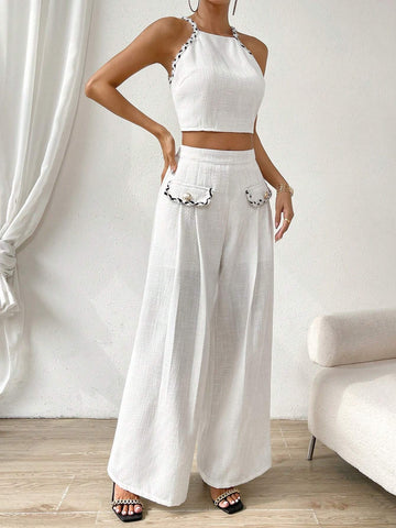 Solid Crop Halter Top & Wide Leg Pants